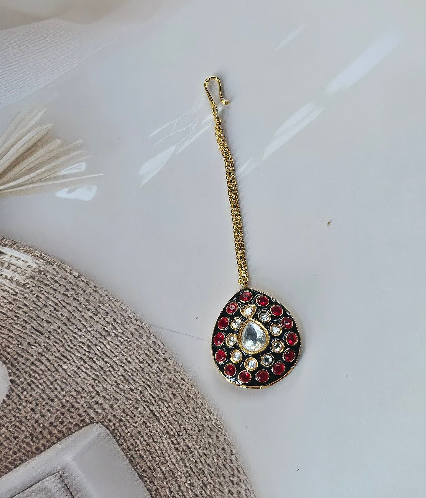 Black & Red Kundan Maang Tikka with Teardrop Stone
