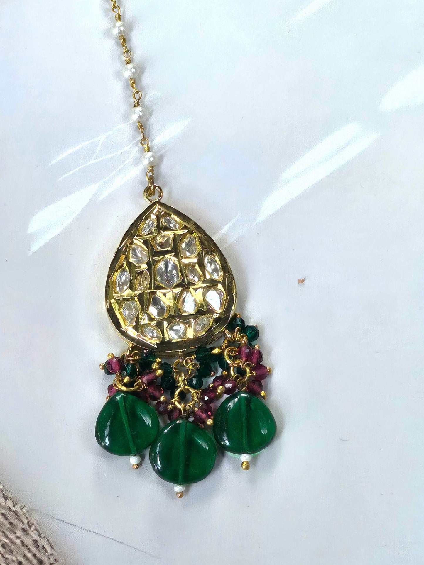 Kundan Teardrop Maang Tikka with Green Bead Drops