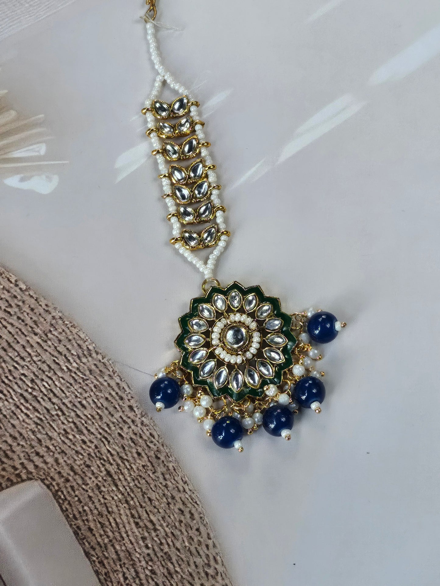 Green Kundan Maang Tikka with Blue Bead Drops
