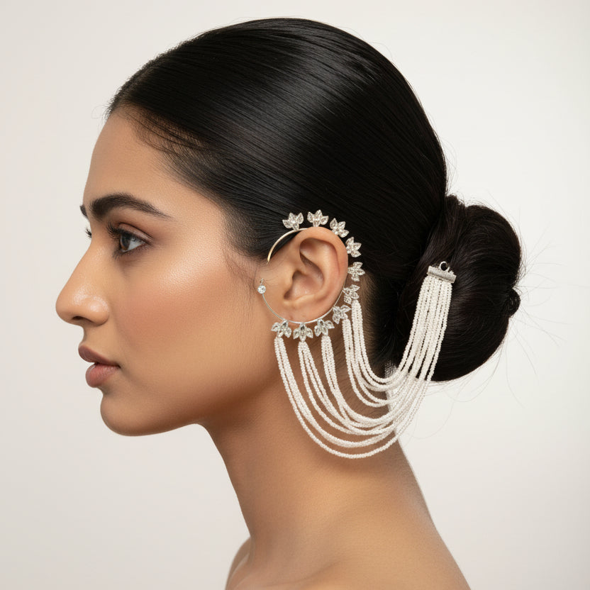 Pearl & Crystal Ear Cuff with Hair Chain
