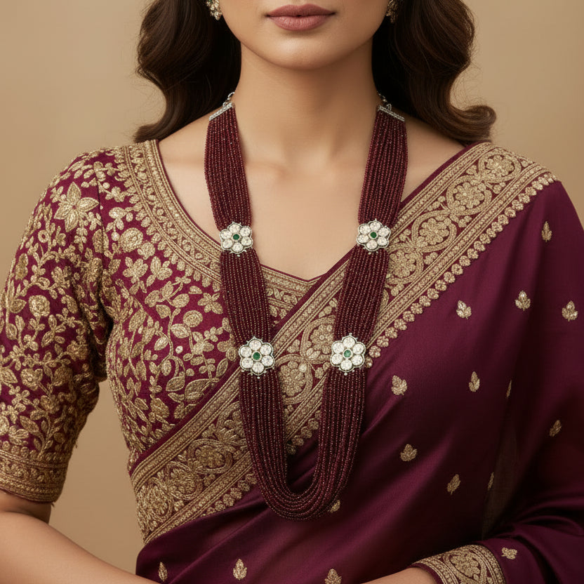 Maroon Beaded Panchlada Haar with Floral Kundan Brooches