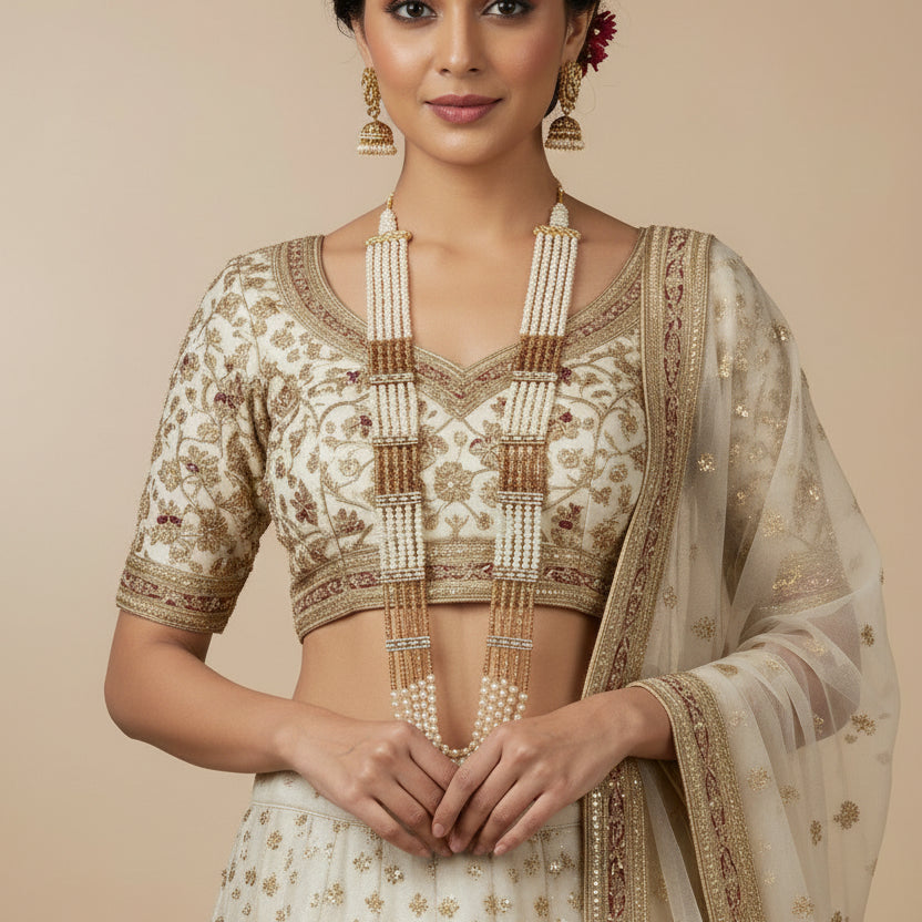 Ivory & Gold Beaded Multi-Layer Panchlada Haar Set