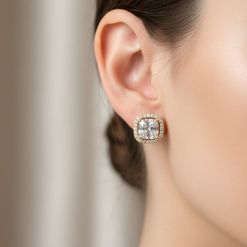 Square Solitaire Diamond Stud Earrings | Screw Back | 18K Gold Plating I WG