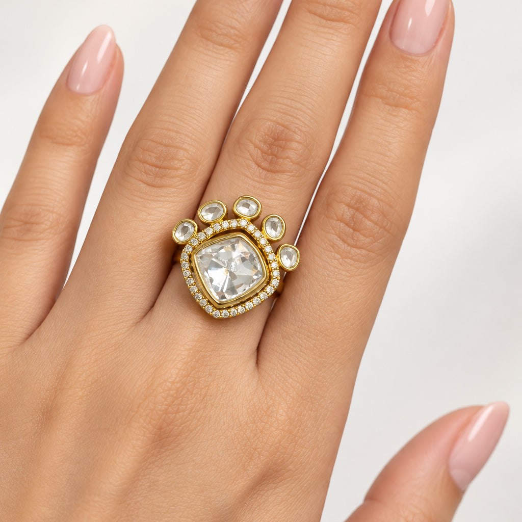 Traditional Gold Pear-Cut Kundan Solitaire Ring