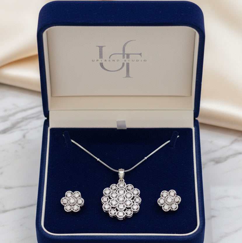 Rhodium-Plated floral Pendant Set I Screw back Earrings | Without Chain