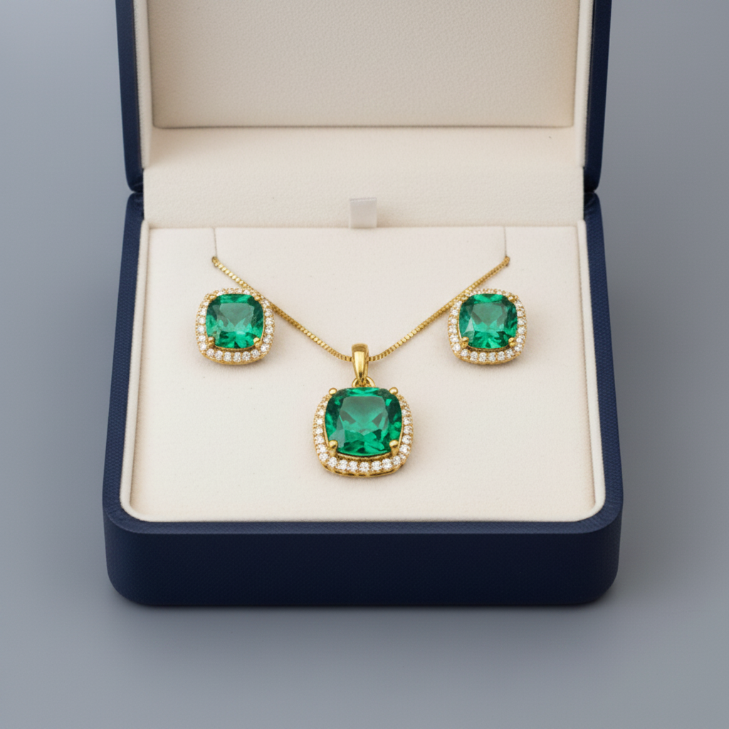 Emerald Green Diamond Pendant Set | With Chain