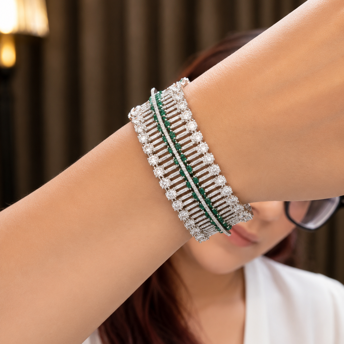 American Diamond Emerald Tennis Bracelet Kada