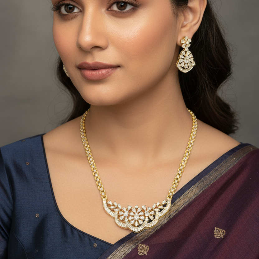 Elegant Floral CZ Pendant Set – Gold Finish