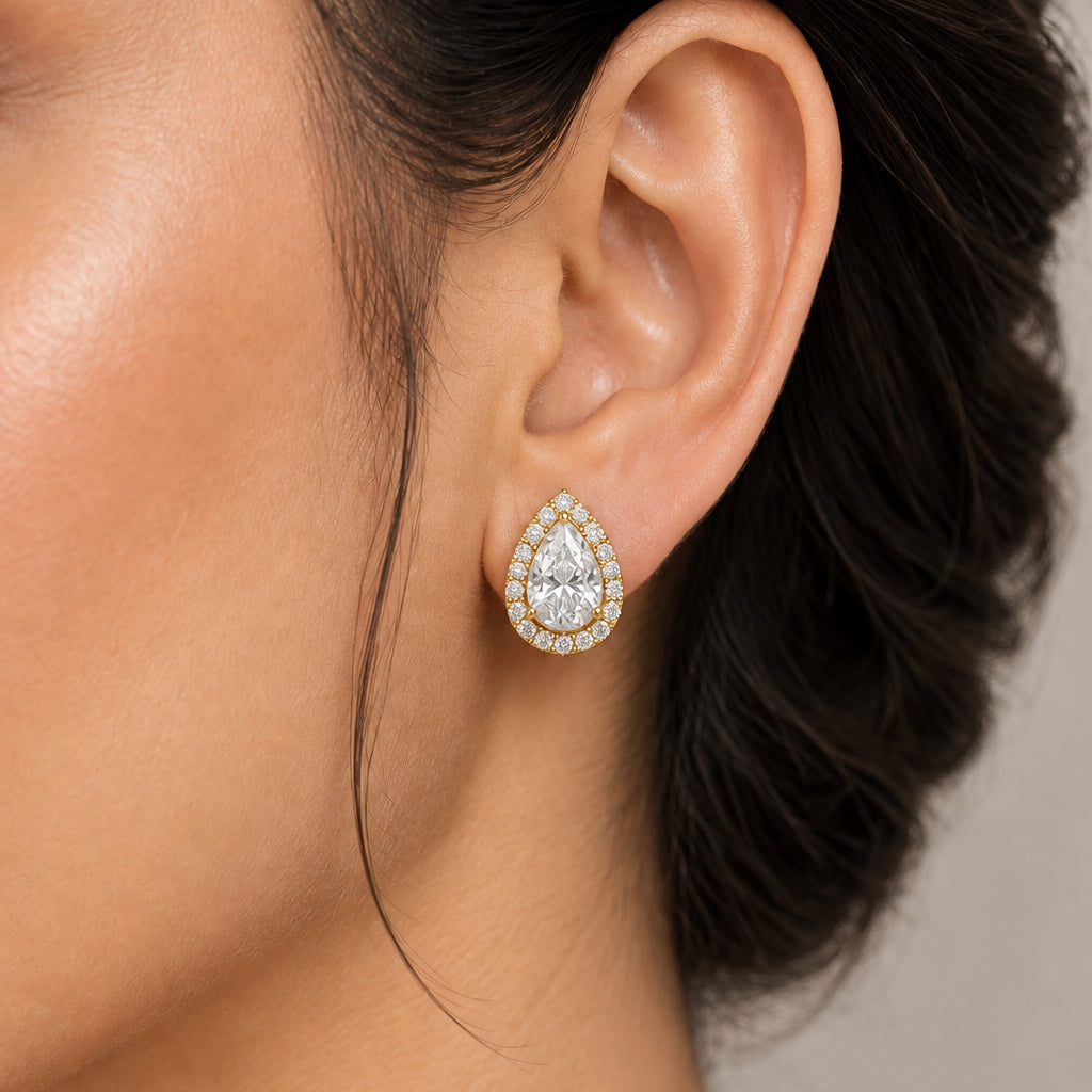 Pear cut Solitaire Diamond Stud Earrings | Screw Back | 18K Gold Plating I WG | Rhodium Plating