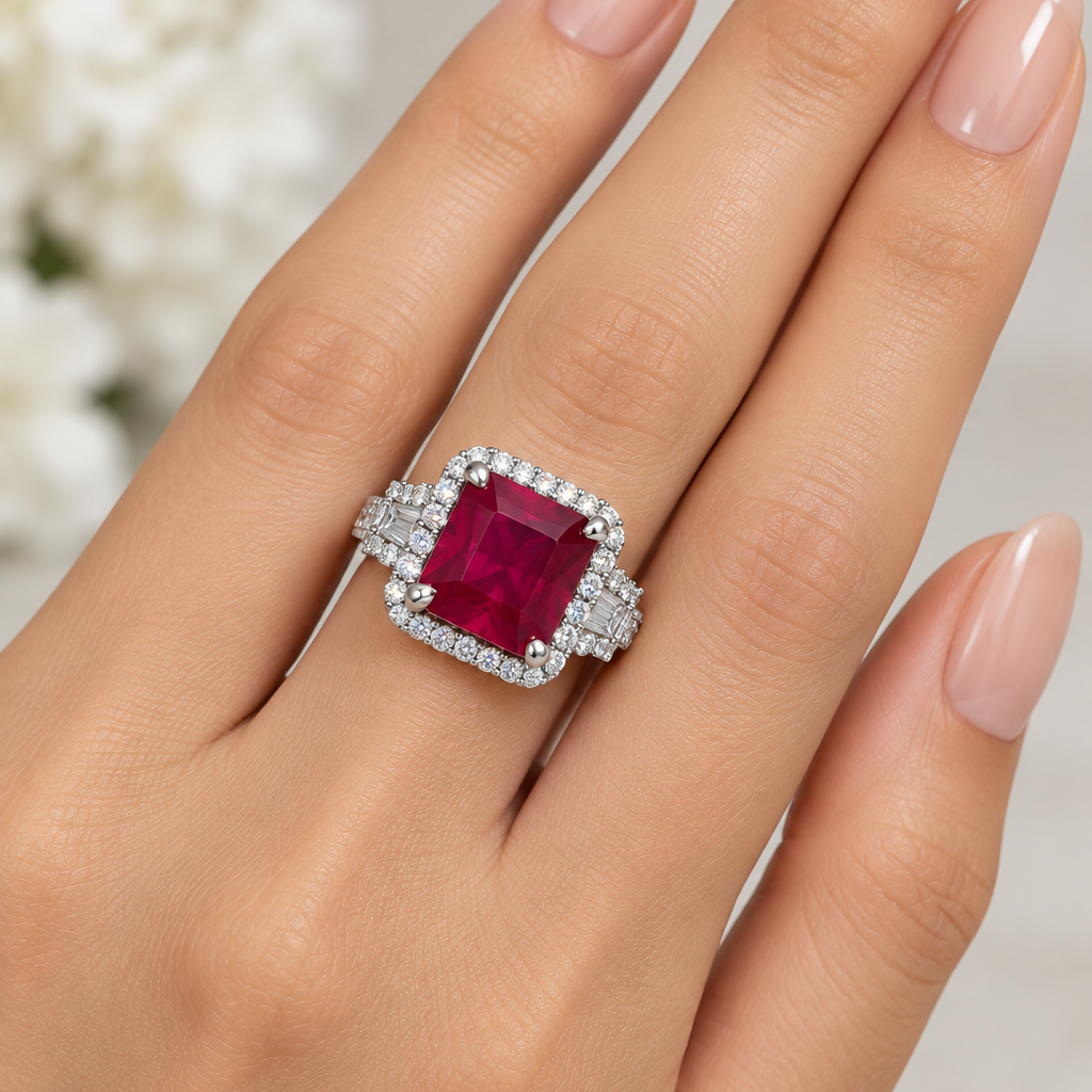 Ruby Square American Diamond RING | WG | Rhodium Plating