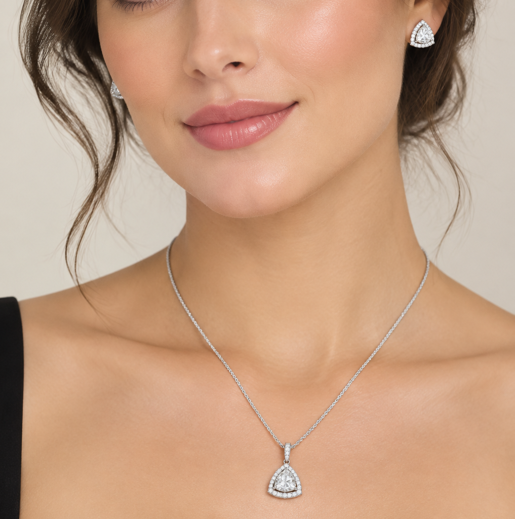 Triangle Cut Solitaire Pendant set I With Chain I WG I Rhodium Plating