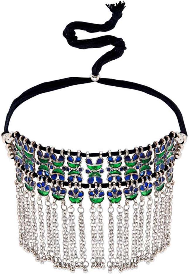 Tribal Blue & Green Lotus Fringe Necklace