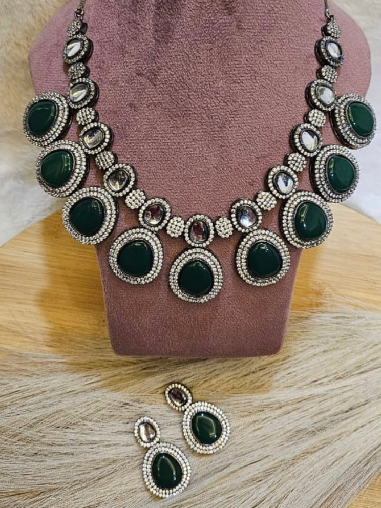Green Kundan Rhodium set