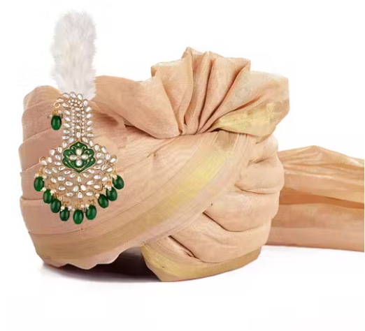 Green and White Crystals Kalgi with Feather