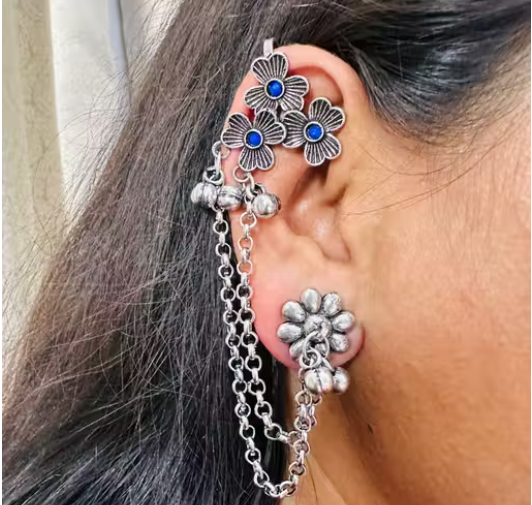 Oxidized Floral Dual Chain Earrings