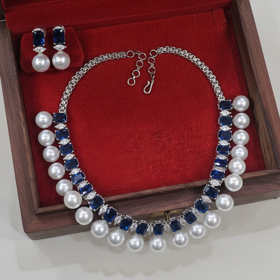 Citrine Diamond Necklace With Pearl Drops | Rhodium Plating