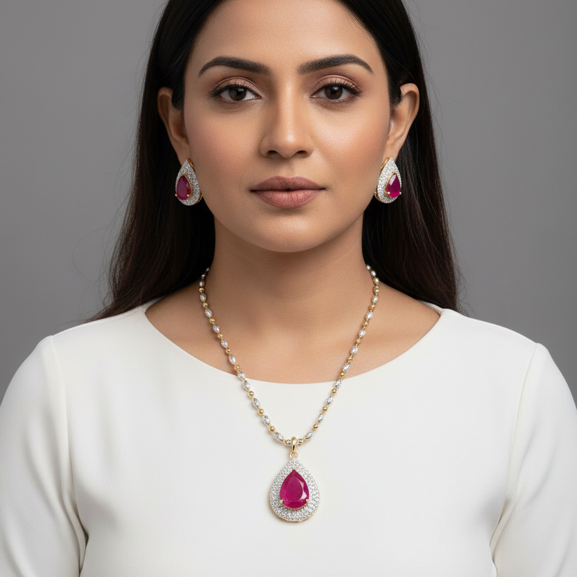 Ruby Diamond Pendant Set | Without Chain