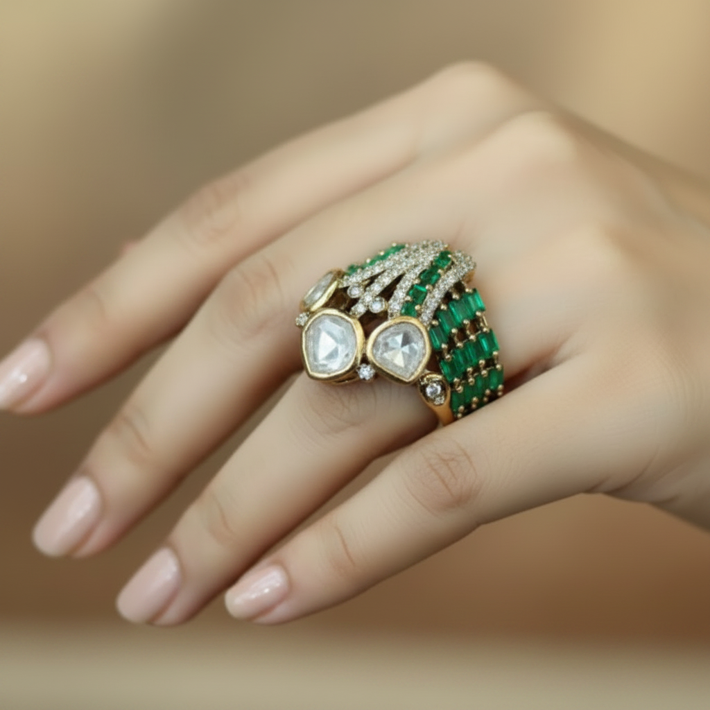 Sculptural Multi-Layer Gold Statement Ring with Baguette Gemstones & Uncut Moissanite Solitaires