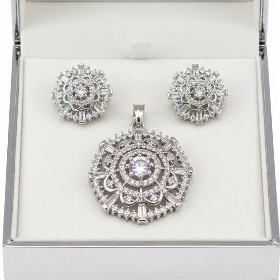 Pave flower American Diamond Pendant Set I With Chain