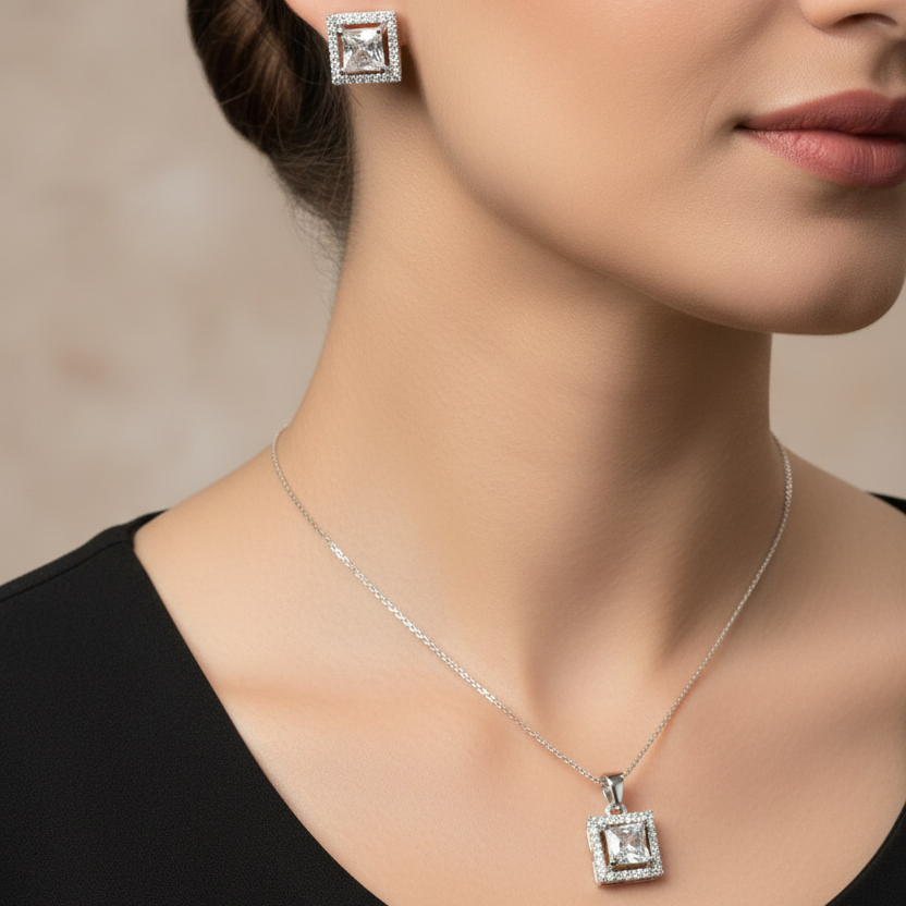 Square Cut Solitaire Pendant set I With Chain