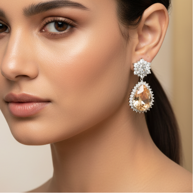 Champagne Teardrop CZ Drop Earrings | Rhodium Plating