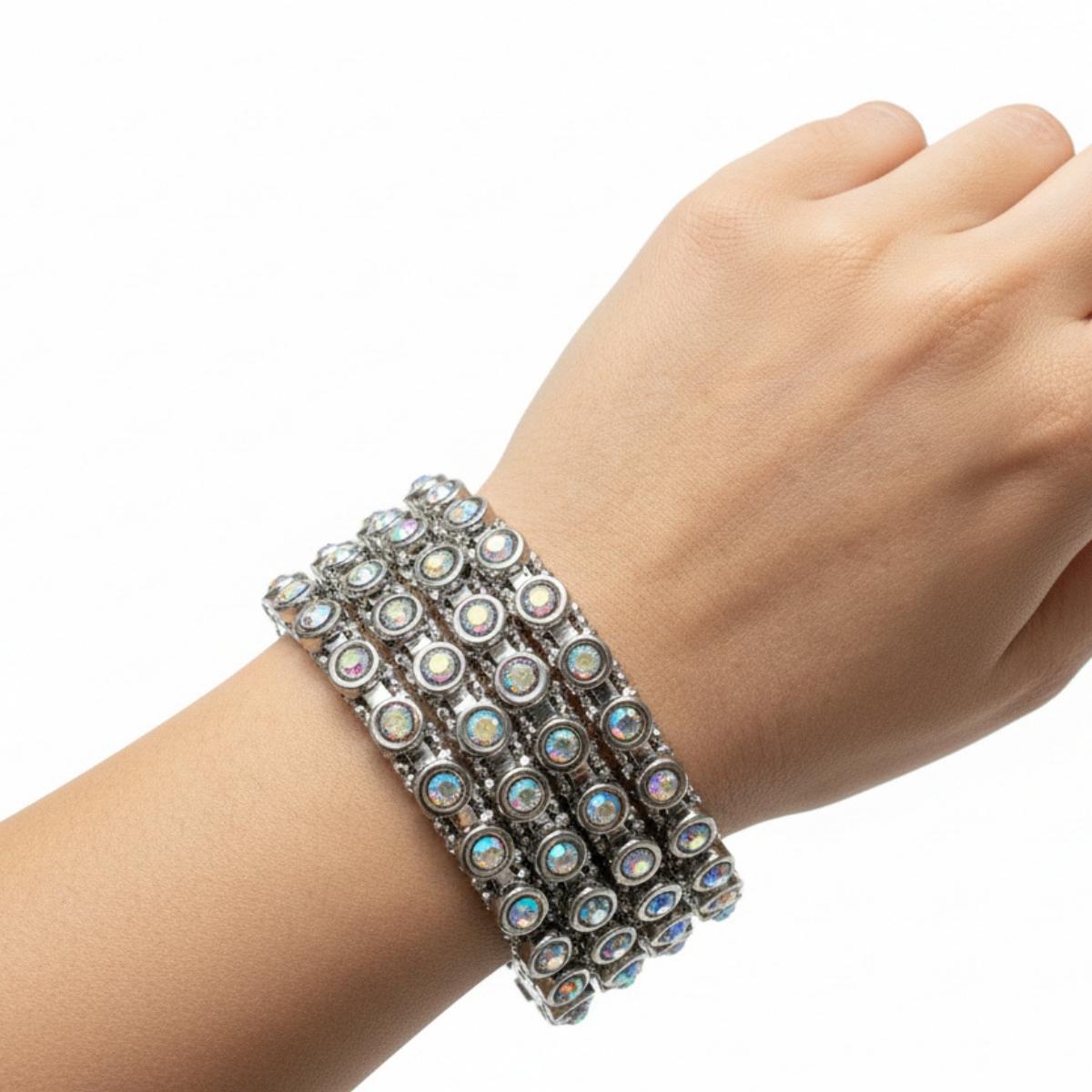 Iridescent Silver Crystal Bangles Set
