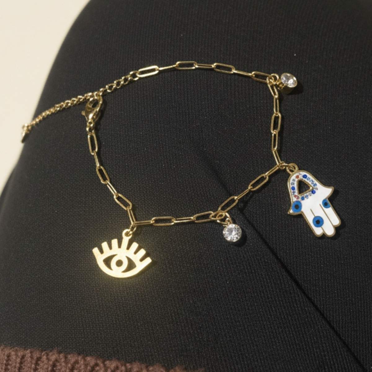 Hamsa & Evil Eye Paperclip Charm Bracelet