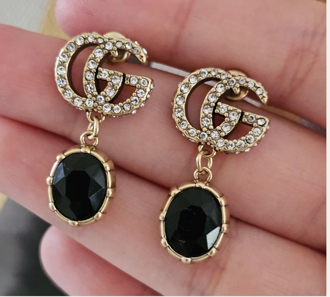 Double G crystal and black stone drop earrings