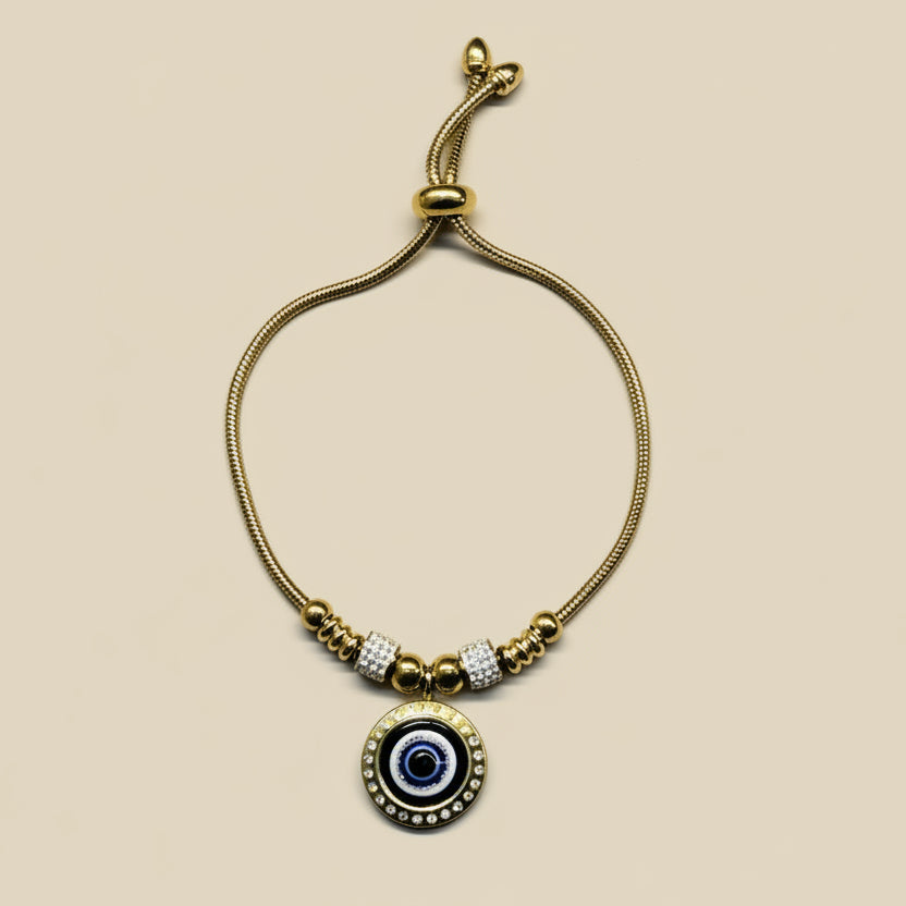 Evil Eye Crystal Charm Bracelet – Gold Adjustable