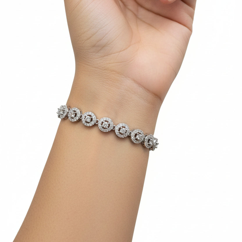 Sparkling Halo CZ Tennis Bracelet – Silver Finish