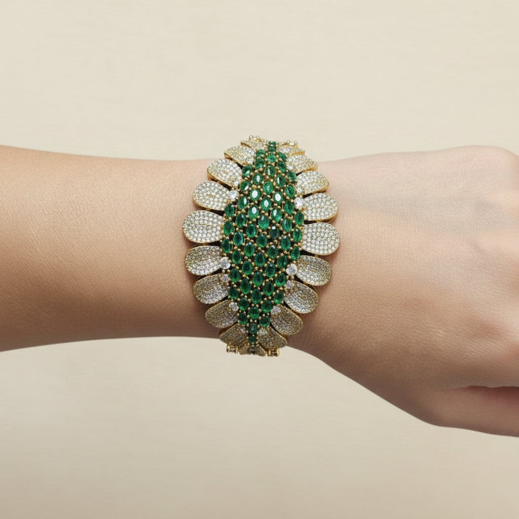 Emerald Peacock CZ Bracelet I Antique Gold