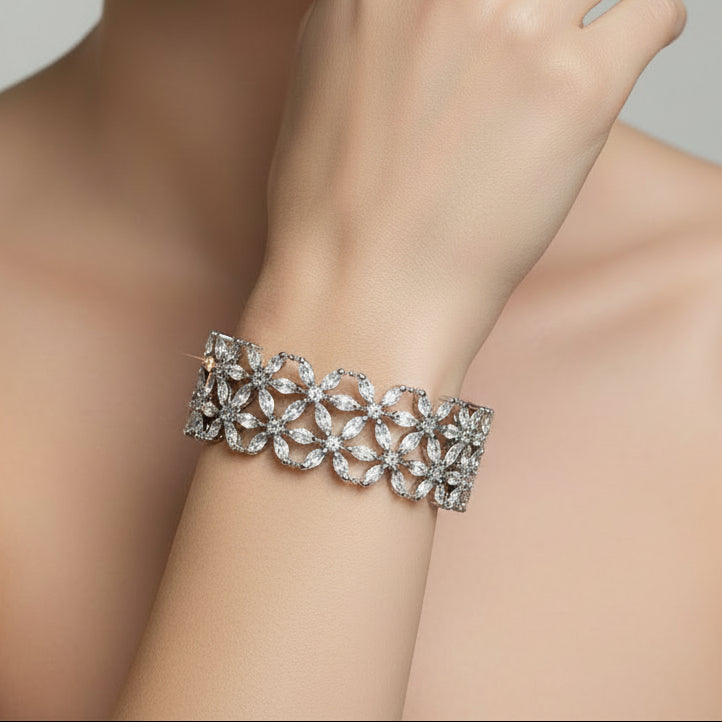 Floral CZ Bangles Set – Silver Finish