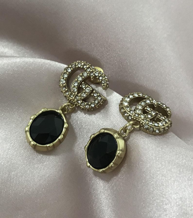 Double G crystal and black stone drop earrings