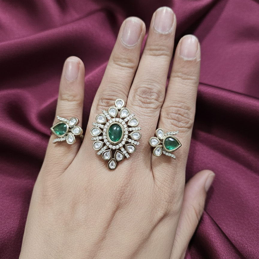Emerald Kundan Statement Ring
