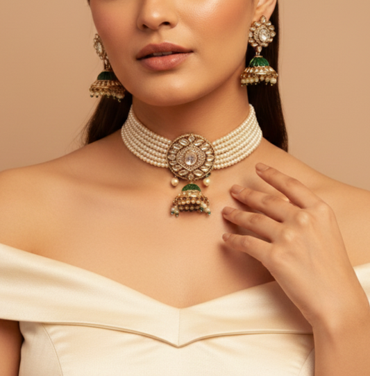 Regal Emerald Pearl Choker Set