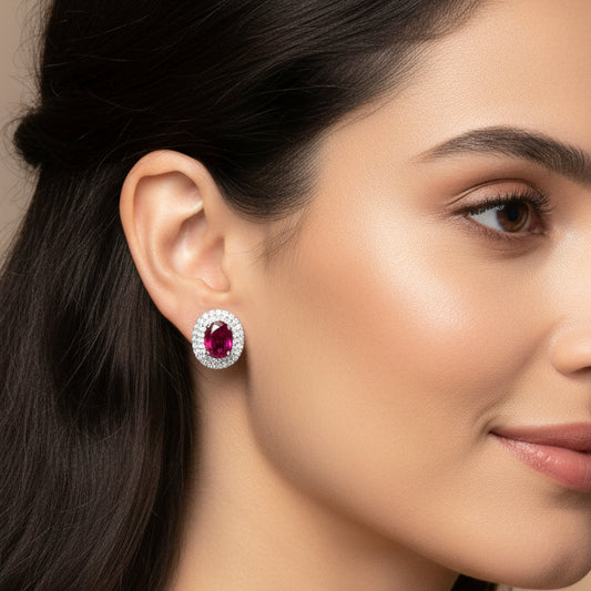 Ruby Halo CZ Stud Earrings  | Push back | Platinum Plating I WG