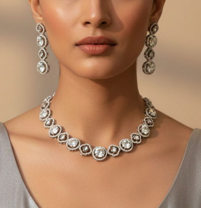 Round Silver Plated American Diamond Necklace Set