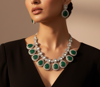 Green Kundan Rhodium set