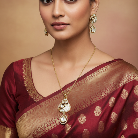 Ivory Enamel & Kundan Teardrop Pendant Set with Matching Drop Earrings