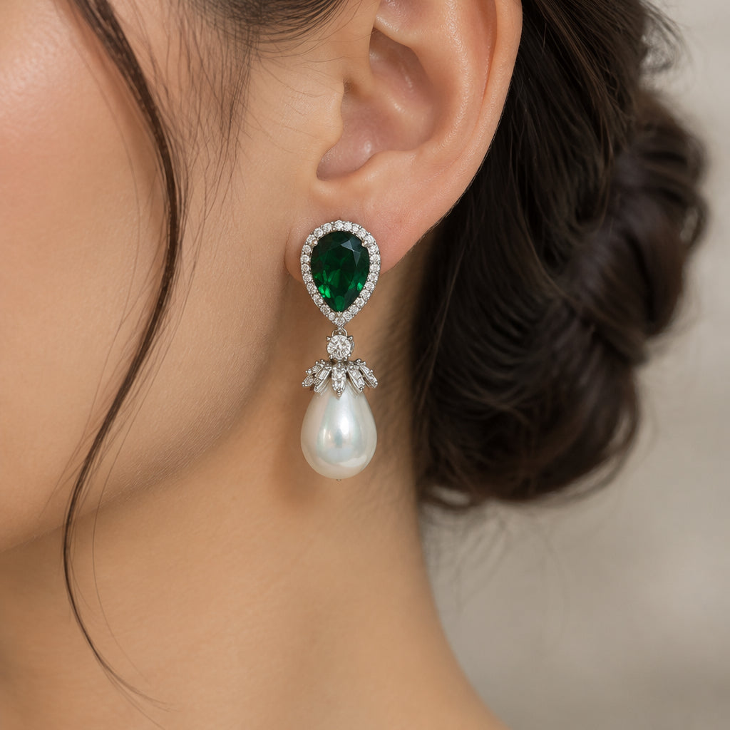 Pear Cut CZ & pearl Drop Earrings  | Push back