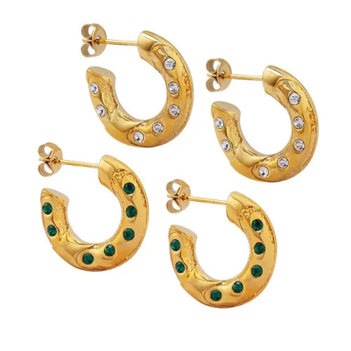 Emerald and diamond Crescent Hoops