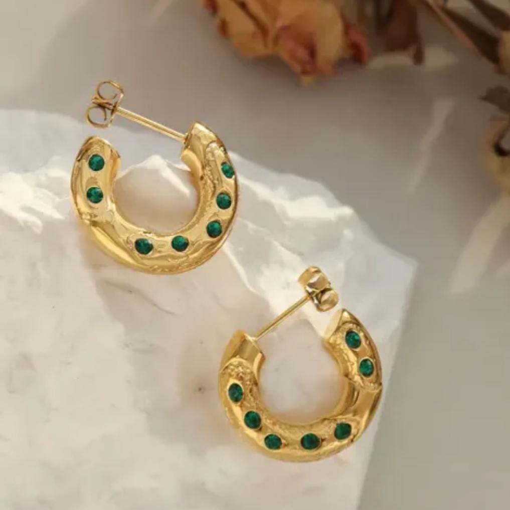Emerald and diamond Crescent Hoops