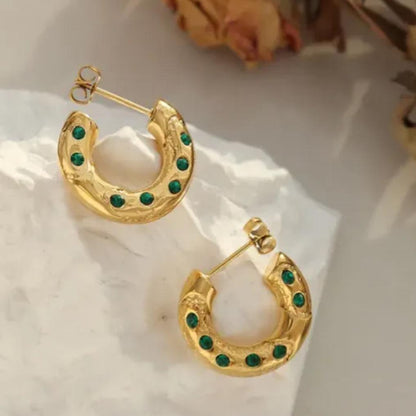 Emerald and diamond Crescent Hoops