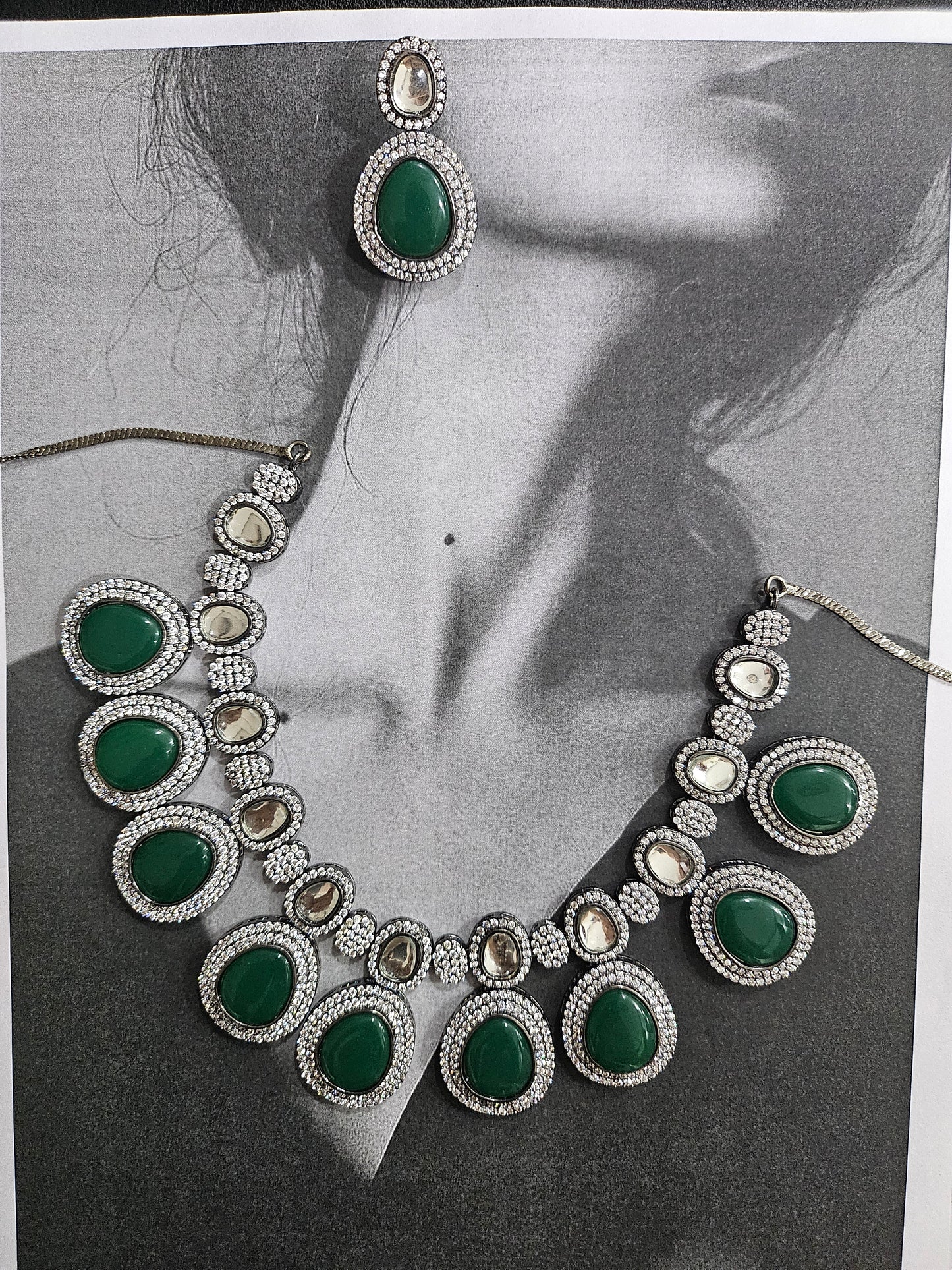 Green Kundan Rhodium set