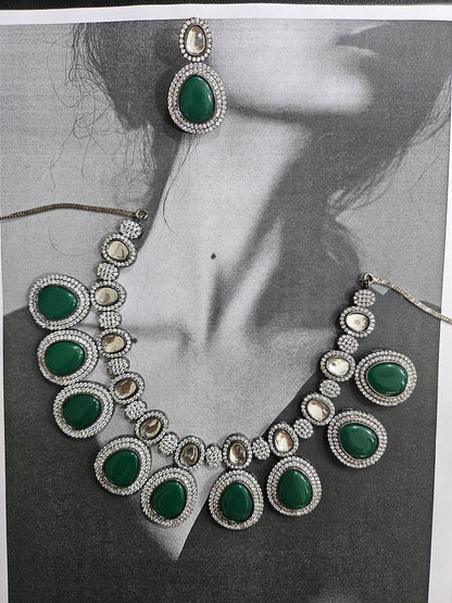 Green Kundan Rhodium set