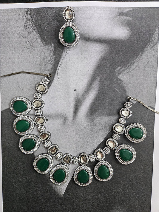 Green Kundan Rhodium set