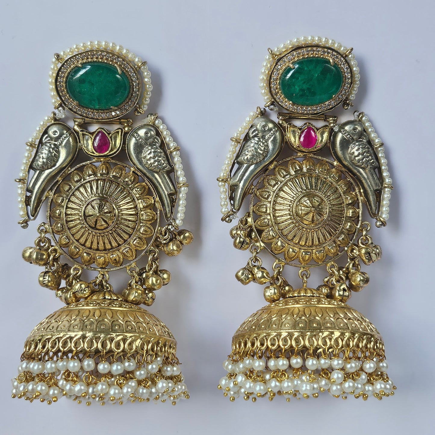 Regal Dual Parrot Temple Jhumka Earrings