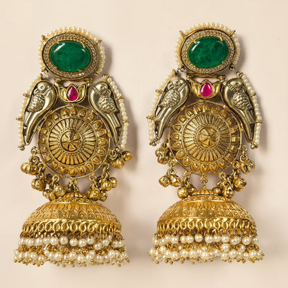Regal Dual Parrot Temple Jhumka Earrings
