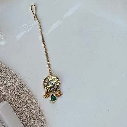Gold-Finish Kundan Maang Tikka with Green Drop