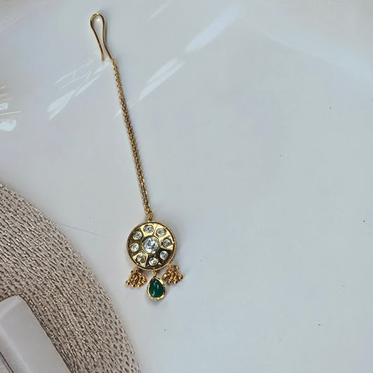 Gold-Finish Kundan Maang Tikka with Green Drop